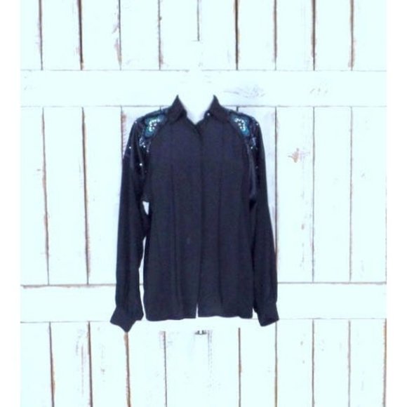 Vintage Joseph Ho black silk beaded button down long sleeve blouse - Picture 1 of 7